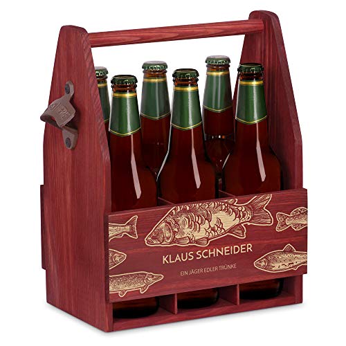 Maverton Bierträger für 6 Flaschen 0,5L + Gravur - Männerhandtasche mit Flaschenöffner - Größe: 25x17x32cm - aus Holz - Geschenk für Männer zum Geburtstag - EIN Jäger edler Trünke von Maverton