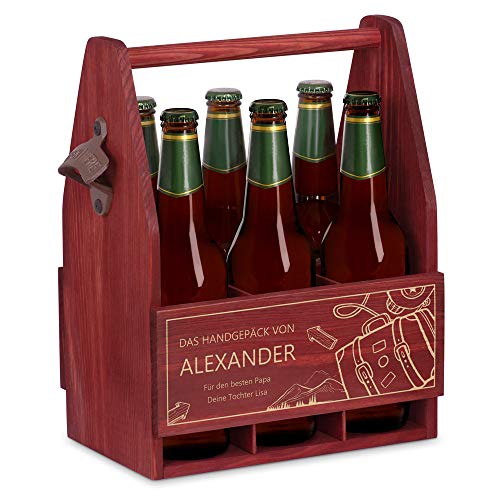 Maverton Bierträger für 6 Flaschen 0,5L + Gravur - Männerhandtasche mit Flaschenöffner - Größe: 25x17x32cm - aus Holz - Geschenk für Männer zum Geburtstag - Handgepäck von Maverton