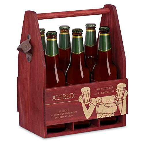 Maverton Bierträger für 6 Flaschen 0,5L + Gravur - Männerhandtasche mit Flaschenöffner - Größe: 25x17x32cm - aus Holz - Geschenk für Männer zum Geburtstag - Kaltes Bier von Maverton