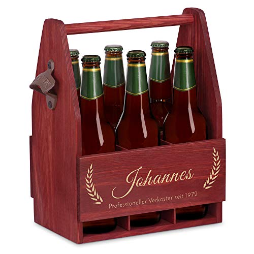 Maverton Bierträger für 6 Flaschen 0,5L + Gravur - Männerhandtasche mit Flaschenöffner - Größe: 25x17x32cm - aus Holz - Geschenk für Männer zum Geburtstag - Professioneller Verkoster von Maverton