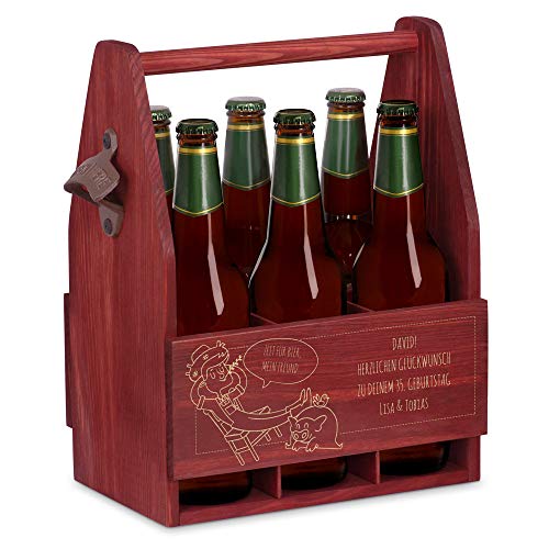 Maverton Bierträger für 6 Flaschen 0,5L + Gravur - Männerhandtasche mit Flaschenöffner - Größe: 25x17x32cm - aus Holz - Geschenk für Männer zum Geburtstag - Zeit für Bier von Maverton