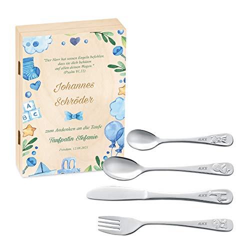 Maverton Kinderbesteck Set mit Gravur + Holzbox mit Aufdruck - aus Edelstahl - mit Tieraufdruck - 4-teilig - personalisierbar - Braun - Geschenk Geburtstag, Taufe, Geburt - Weihnachtsgeschenke - Zitat von Maverton