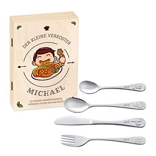 Murrano Kinderbesteck Set mit Gravur + Holzbox mit Aufdruck - mit Tieren - aus Edelstahl - Braun - Geschenk für Jungen zum Geburtstag zur Taufe Geburt - der kleine Verkoster Murrano Kinderbesteck Set mit Gravur + Holzbox mit Aufdruck - mit Tieren - aus Edelstahl - Braun - Geschenk für Jungen zum Geburtstag zur Taufe Geburt - der kleine Verkoster von Murrano