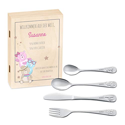 Murrano Kinderbesteck Set mit Gravur + Holzbox mit Aufdruck - mit Tieren - aus Edelstahl - Braun - Geschenk für Mädchen zum Geburtstag zur Taufe Geburt - Bärchen Murrano Kinderbesteck Set mit Gravur + Holzbox mit Aufdruck - mit Tieren - aus Edelstahl - Braun - Geschenk für Mädchen zum Geburtstag zur Taufe Geburt - Bärchen von Murrano