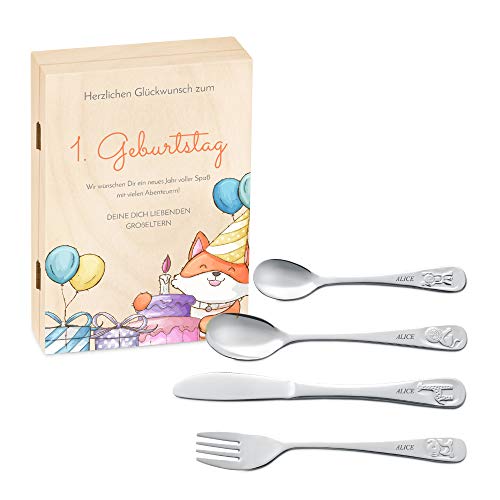 Murrano Kinderbesteck Set mit Gravur + Holzbox mit Aufdruck - mit Tieren - aus Edelstahl - Braun - Geschenk für Mädchen zum Geburtstag zur Taufe Geburt - Füchschen Murrano Kinderbesteck Set mit Gravur + Holzbox mit Aufdruck - mit Tieren - aus Edelstahl - Braun - Geschenk für Mädchen zum Geburtstag zur Taufe Geburt - Füchschen von Murrano