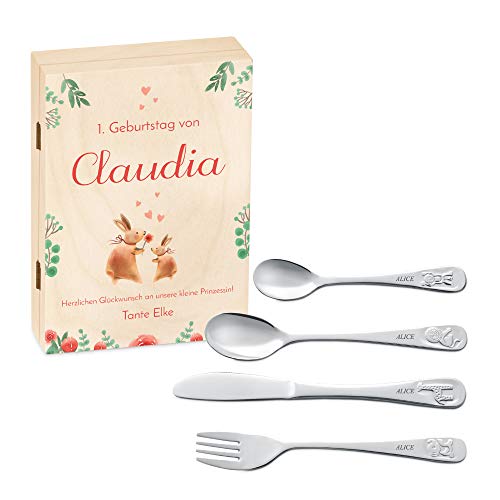 Murrano Kinderbesteck Set mit Gravur + Holzbox mit Aufdruck - mit Tieren - aus Edelstahl - Braun - Geschenk für Mädchen zum Geburtstag zur Taufe Geburt - Häschen Murrano Kinderbesteck Set mit Gravur + Holzbox mit Aufdruck - mit Tieren - aus Edelstahl - Braun - Geschenk für Mädchen zum Geburtstag zur Taufe Geburt - Häschen von Murrano