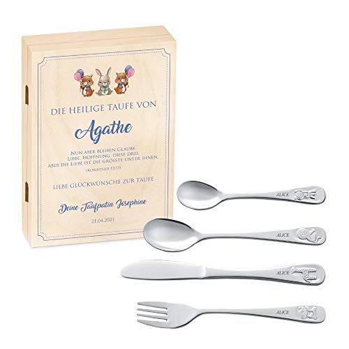 Murrano Kinderbesteck Set mit Gravur + Holzbox mit Aufdruck - mit Tieren - aus Edelstahl - Braun - Geschenk für Mädchen zum Geburtstag zur Taufe Geburt - Kaninchen Murrano Kinderbesteck Set mit Gravur + Holzbox mit Aufdruck - mit Tieren - aus Edelstahl - Braun - Geschenk für Mädchen zum Geburtstag zur Taufe Geburt - Kaninchen von Murrano