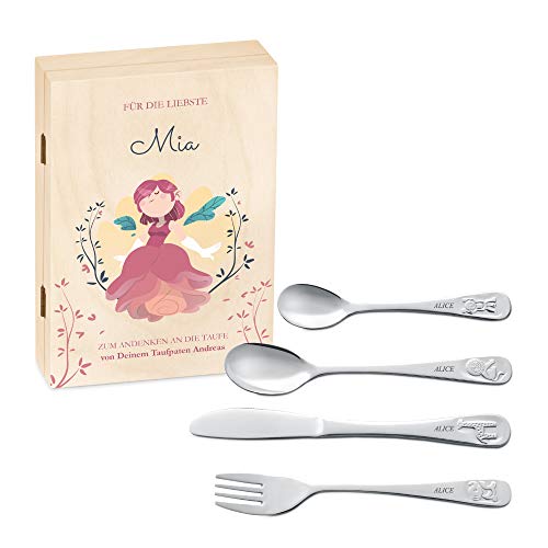 Maverton Kinderbesteck Set mit Gravur + Holzbox mit Aufdruck - mit Tieren - aus Edelstahl - Braun - Geschenk für Mädchen zum Geburtstag zur Taufe Geburt - Prinzessin von Maverton