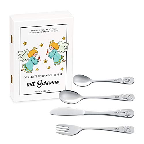 Maverton Kinderbesteck Set mit Gravur + Holzbox mit Aufdruck - mit Tieren - aus Edelstahl - Weiß - Geschenk für Mädchen zum Geburtstag zur Taufe Geburt - Engelchen Maverton Kinderbesteck Set mit Gravur + Holzbox mit Aufdruck - mit Tieren - aus Edelstahl - Weiß - Geschenk für Mädchen zum Geburtstag zur Taufe Geburt - Engelchen von Maverton
