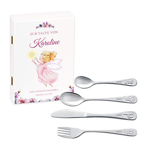 Murrano Kinderbesteck Set mit Gravur + Holzbox mit Aufdruck - mit Tieren - aus Edelstahl - Weiß - Geschenk für Mädchen zum Geburtstag zur Taufe Geburt - Fee Murrano Kinderbesteck Set mit Gravur + Holzbox mit Aufdruck - mit Tieren - aus Edelstahl - Weiß - Geschenk für Mädchen zum Geburtstag zur Taufe Geburt - Fee von Murrano