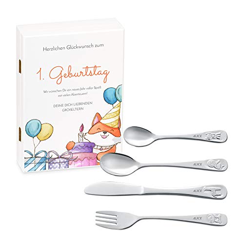 Murrano Kinderbesteck Set mit Gravur + Holzbox mit Aufdruck - mit Tieren - aus Edelstahl - Weiß - Geschenk für Mädchen zum Geburtstag zur Taufe Geburt - Füchschen Murrano Kinderbesteck Set mit Gravur + Holzbox mit Aufdruck - mit Tieren - aus Edelstahl - Weiß - Geschenk für Mädchen zum Geburtstag zur Taufe Geburt - Füchschen von Murrano