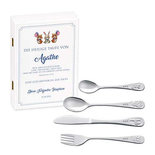 Maverton Kinderbesteck Set mit Gravur + Holzbox mit Aufdruck - mit Tieren - aus Edelstahl - Weiß - Geschenk für Mädchen zum Geburtstag zur Taufe Geburt - Kaninchen Maverton Kinderbesteck Set mit Gravur + Holzbox mit Aufdruck - mit Tieren - aus Edelstahl - Weiß - Geschenk für Mädchen zum Geburtstag zur Taufe Geburt - Kaninchen von Maverton