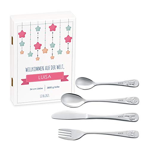 Maverton Kinderbesteck Set mit Gravur + Holzbox mit Aufdruck - mit Tieren - aus Edelstahl - Weiß - Geschenk für Mädchen zum Geburtstag zur Taufe Geburt - Sternchen Maverton Kinderbesteck Set mit Gravur + Holzbox mit Aufdruck - mit Tieren - aus Edelstahl - Weiß - Geschenk für Mädchen zum Geburtstag zur Taufe Geburt - Sternchen von Maverton
