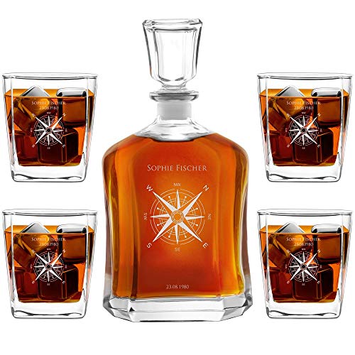Maverton Whiskey Karaffe + 2/4 / 6er Whiskygläser Set mit Gravur - 700ml Whisky Dekanter - Geschenk zum Geburtstag für Damen - Kompass von Maverton