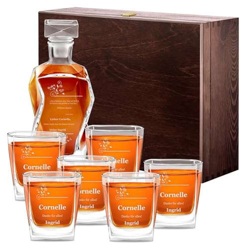 Maverton Whiskey Karaffe + 6er Whiskygläser Set mit Gravur - 700ml Whisky Dekanter - Geschenk zum Geburtstag für Damen - Danksagung von Maverton