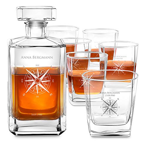 Maverton Whiskey Karaffe + 6er Whiskygläser Set mit Gravur - 700ml Whisky Dekanter - Geschenk zum Geburtstag für Damen - Kompass von Maverton