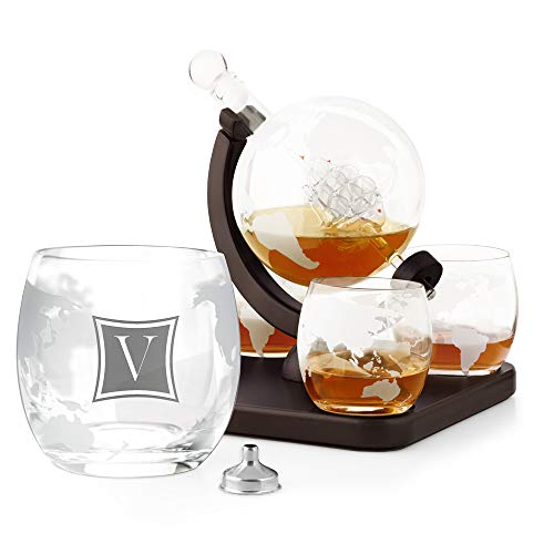 Maverton Whisky Karaffe mit Gravur - Globus mit Schiff, 850 ml - 4er Whiskygläser Set - Whisky Dekanter - Personalisiert - Monogramm von Maverton