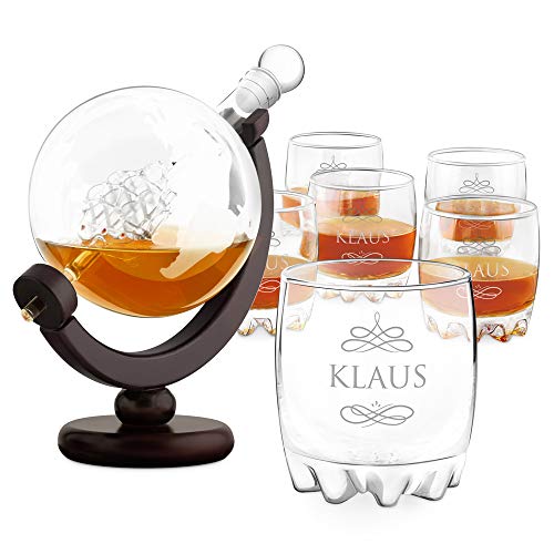 Maverton Whisky Karaffe mit Gravur - Globus mit Schiff, 850 ml - 6er Whiskygläser Set - Whisky Dekanter - Geschenk zum Geburtstag für Damen - personalisiert - Monogramm von Maverton