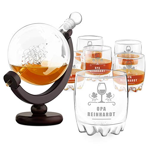 Maverton Whisky Karaffe mit Gravur - Globus mit Schiff, 850 ml - 6er Whiskygläser Set - Whisky Dekanter - Geschenk zum Geburtstag für Männer - personalisiert - Opa von Maverton