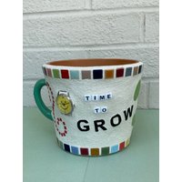 Mosaik Terrakotta Blumentopf "Time To Grow" Mit Echter Smiley Uhr von MursCottageCrafts