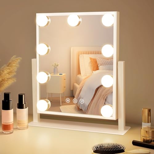 Mursche Schminkspiegel mit Beleuchtung Hollywood Spiegel - Vanity Mirror mit 9 LED Klein Kosmetikspiegel mit Licht 360° Drehung Tischspiegel 3 Modi Schminktischspiegel Touch Dimmbar von Mursche