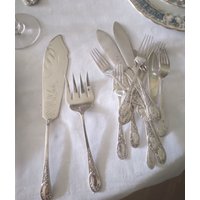 B8 Fischbesteck 6 Personen Und Passende Vorleger | 14 Teile Vintage Epns Versilbert Um 1900 von Museumsladen
