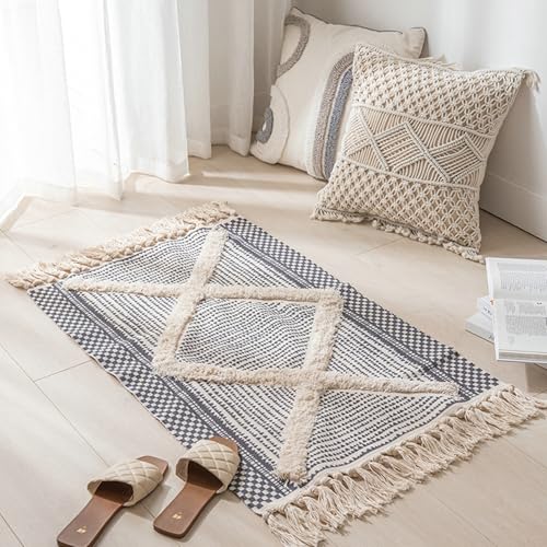 Bett Teppich Läufer, Polyester Geometrisches Muster mit Quasten Rechteckig 60x90CM Teppiche Gegend Waschbarer Carpet Bequem Wohnzimmer Kinderzimmer Arbeitsbereich, Dunkelgrau, Stil 1 von Musihy