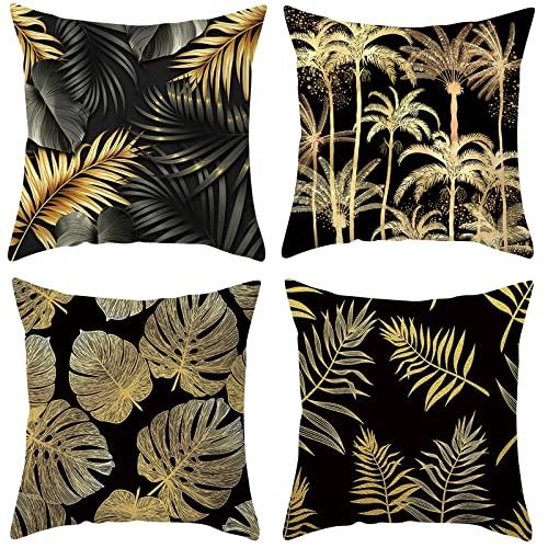 Cushion Cover 45x45, Dekokissen Bezug Luxus Kissenhülle Schwarz Gold Kokosnussbaum Palme Blatt Pillow Covers Polyester für Sofa Schlafzimmer von Musihy