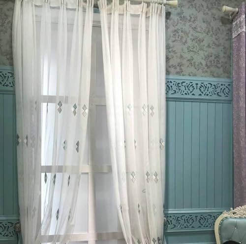 Gardinen Halbtransparent 2Er Set, Halbtransparente Voile-Vorhänge mit geometrischem Muster, Pfauenblau, 86 x 183 cm von Musihy