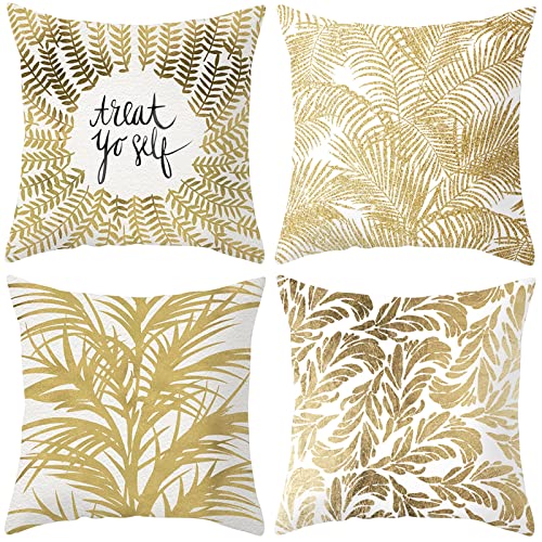 Kissenbezüge 50x50, Kopfkissenbezug Luxus Treat Yo Self Zierkissen Bezug Weiß Gold Blatt Cushion Covers Polyester für Auto Zuhause Dekor von Musihy