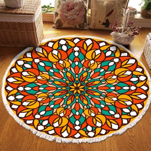 Musihy Bett Teppich Läufer, Polyester Mandala-Muster mit Quaste Rund 180CM Teppiche Schlafzimmer Moderne Teppiche Matte Teppichen für Schlafzimmer Kinderzimmer, Orange Gelb Grün, Stil 3 von Musihy