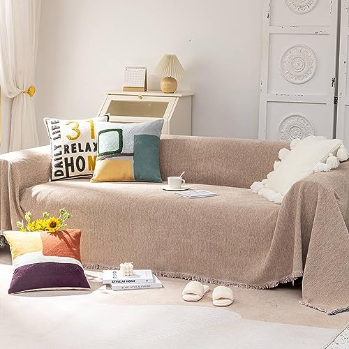 Musihy Bezug für Sofa, 180x360cm Einfarbig mit Fransen Sofaüberwurf Couchschutz für Haustiere Haare Hund Katze Kratzer aus Chenille, (Khaki, 4 Sitzer) von Musihy