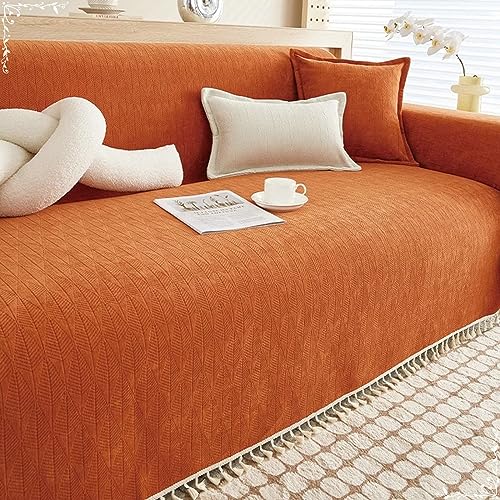 Musihy Couchbezug für Schlafcouch Ohne Armlehne, 180x300cm Raute, geometrisch, strukturiert, einfarbig, mit Quasten Sofaüberwurf Couch Überzug Futonbezug aus Chenille, (Orange, 3 Sitzer) von Musihy