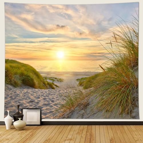 Musihy Meer Wandbehang Wandteppich, 200x200cm Meer Strand Sonnenuntergang Natürliche LandschaftWandteppich Wandkunst für Schlafzimmer Wohnzimmer Dorm Decor Wandteppich, Gelb-grün Beige von Musihy