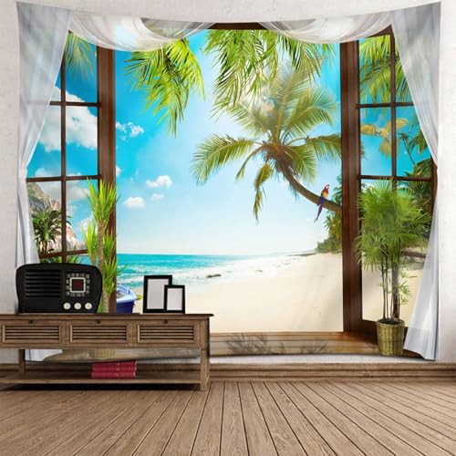 Musihy Meer Wandteppich | Polyester Fenster Kokosnussbäume Strand Meer Landschaft Wanddeko für Schlafzimmer Wohnzimmer Wohnheim | Blau Grün Braun, 210x140cm von Musihy