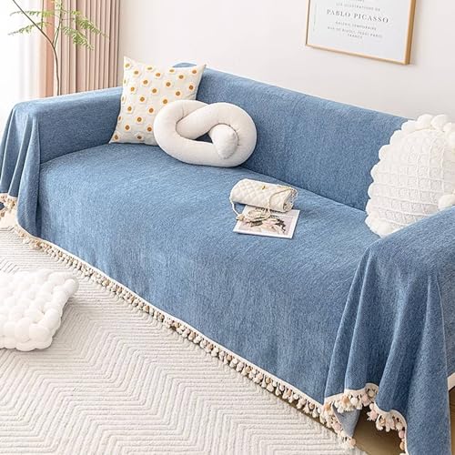 Musihy Sofa Überzug, 180x420cm Einfarbiges Fischgrätenmuster mit Quaste Sofahusse für Wohnzimmer Protector für Hunde Haustiere aus Chenille, (Blau, 5 Sitzer) von Musihy