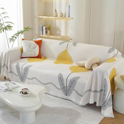 Musihy Sofa Überzug Decke, 180x230cm Blumenblatt mit Fransen Wohndecke als Sofadecke, Couch Überwürf, Sofa Überzug aus Polyester Baumwolle, (Gelb Grau, 2 Sitzer) von Musihy