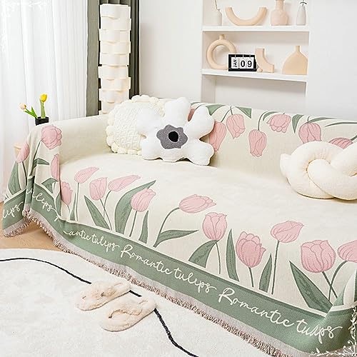 Musihy Sofa Überzug Kratzfest, 180x420cm Tulpenblüten und Blattmuster Sofaüberwurf Decke Couch aus Chenille, (Rosa, 4 Sitzer) von Musihy