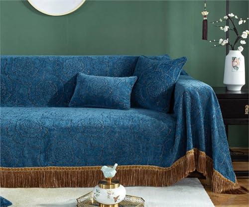 Musihy Sofa Überzug Ohne Armlehnen, 190x260cm Blumenmuster mit Quaste Universal-Sofabezüge Wohnzimmer Möbelschutz aus Chenille, (Dunkelblau, 2 Sitzer) von Musihy