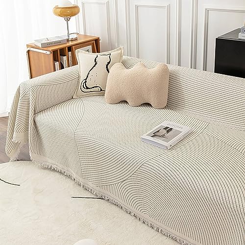 Musihy Sofa Überzug Schlafsofa, 180x320cm Geometrische Linien mit Quaste Sofahusse für Wohnzimmer Protector für Hunde Haustiere aus Baumwolle, (Beige, 3 Sitzer) von Musihy