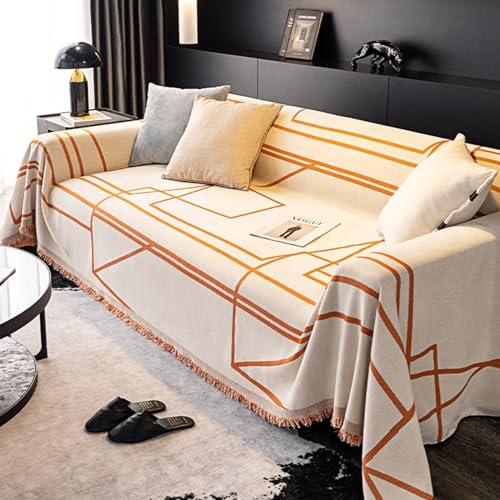 Musihy Sofa Überzug Schlafsofa, 180x420cm Geometrische Linien mit Fransen Universal-Sofabezüge Wohnzimmer Möbelschutz aus Chenille, (Orange, 4 Sitzer) von Musihy