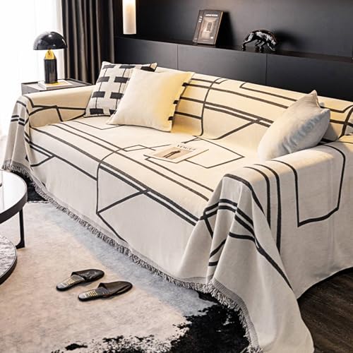 Musihy Sofabezug Schlafsofa, 180x300cm Geometrische Linien mit Fransen Möbelschutz Couchbezug aus Chenille, (Schwarz, 3 Sitzer) von Musihy