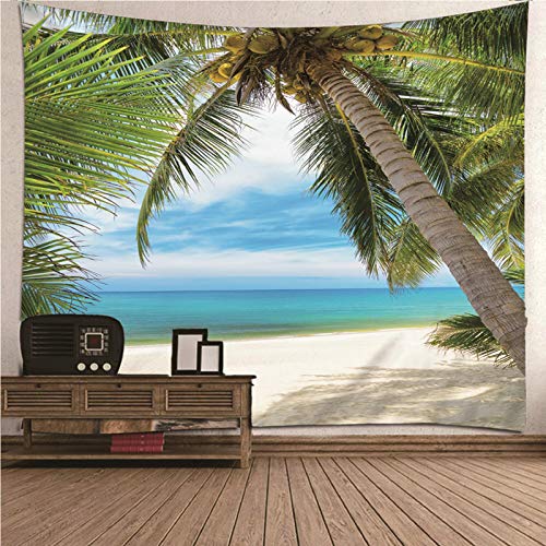 Musihy Tapisserie Blau,Wandbehang Zum Aufhängen Polyester Wandteppich Grün Wandteppich Natur Meer Kokospalmen Strand Himmel Wanddeko Schlafzimmer (150x130cm) von Musihy
