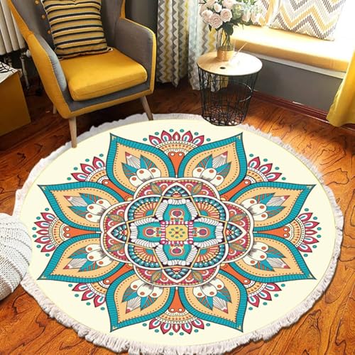 Musihy Teppich Klein Rund, Polyester Mandala Blumen 80CM Wohnzimmer Schlafzimmer Kinderzimmer Teppich Deko, Beige Blau Hell Khaki, Stil 4 von Musihy