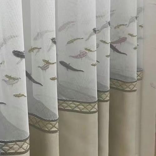 Musihy Voile Gardinen mit Schlaufen, Fenster-Voile-Vorhänge mit Fischen-Stickmuster für Schlafzimmer und Wohnzimmer, Beige, 102 x 160 cm von Musihy