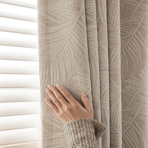 Musihy Vorhang Blickdicht, 132x183cm Unifarben mit Jacquard-Muster Set mit 2 wärmeisolierten Paneelen Tülle für das Wohnzimmer aus Chenille, Beige Helles Khaki von Musihy
