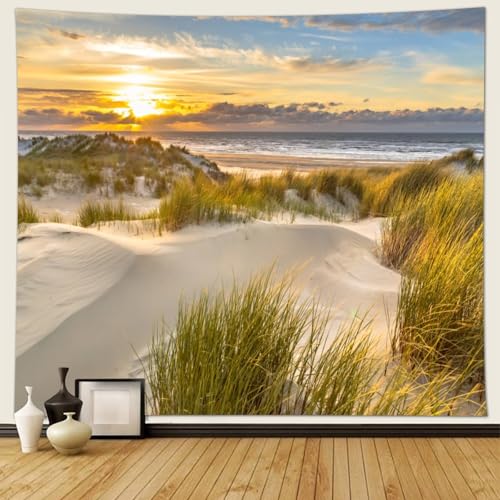 Musihy Wandteppich Tropischer Strand, 300x256cm Meer Strandlandschaft und SonnenuntergangslandschaftWanddeko für Schlafzimmer Wohnzimmer Wohnheim, Gelb-grün Beige von Musihy