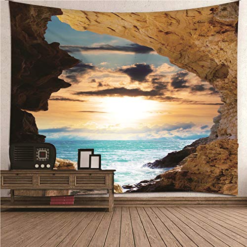 Musihy Wandtuch 200x200, Schlafzimmer Wandteppich Höhle Meer Sonnenuntergang Grotte, Wandbehang Natur, Tapestry Pattern Polyester (Braun, Blau, Quadrat) von Musihy