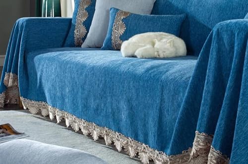 Sofa Überzug Decke, 180x230cm Einfarbig mit Spitze Sofadecken zum Abdecken aus Chenille, (Blau, 2 Sitzer) von Musihy
