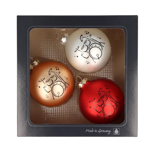 3er-Set Weihnachtskugeln mit Schlagzeug-Druck, Musik-Design, (Altgold/Rot/Silber matt) von Musikboutique